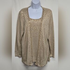Elementz 1X Gold Sweater Metallic Embellished Sequins Faux Twinset Knit